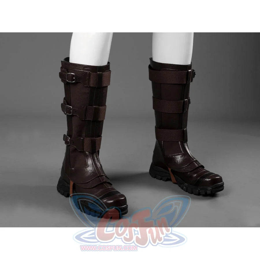 Steve Rogers cosplay brown boots with three buckle straps gather around the calf and anchor the rugged textured sole.