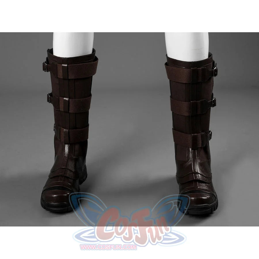 Steve Rogers cosplay dark brown knee-high boots anchor the look with tactical straps and rugged textured toe caps.