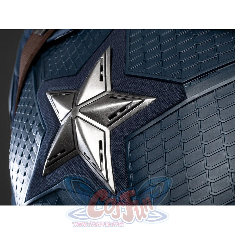 Steve Rogers cosplay ensemble centers a metallic silver-tone star emblem anchored by textured dark blue composite panels.