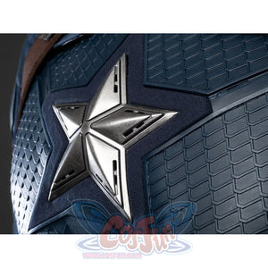 Steve Rogers cosplay ensemble centers a metallic silver-tone star emblem anchored by textured dark blue composite panels.