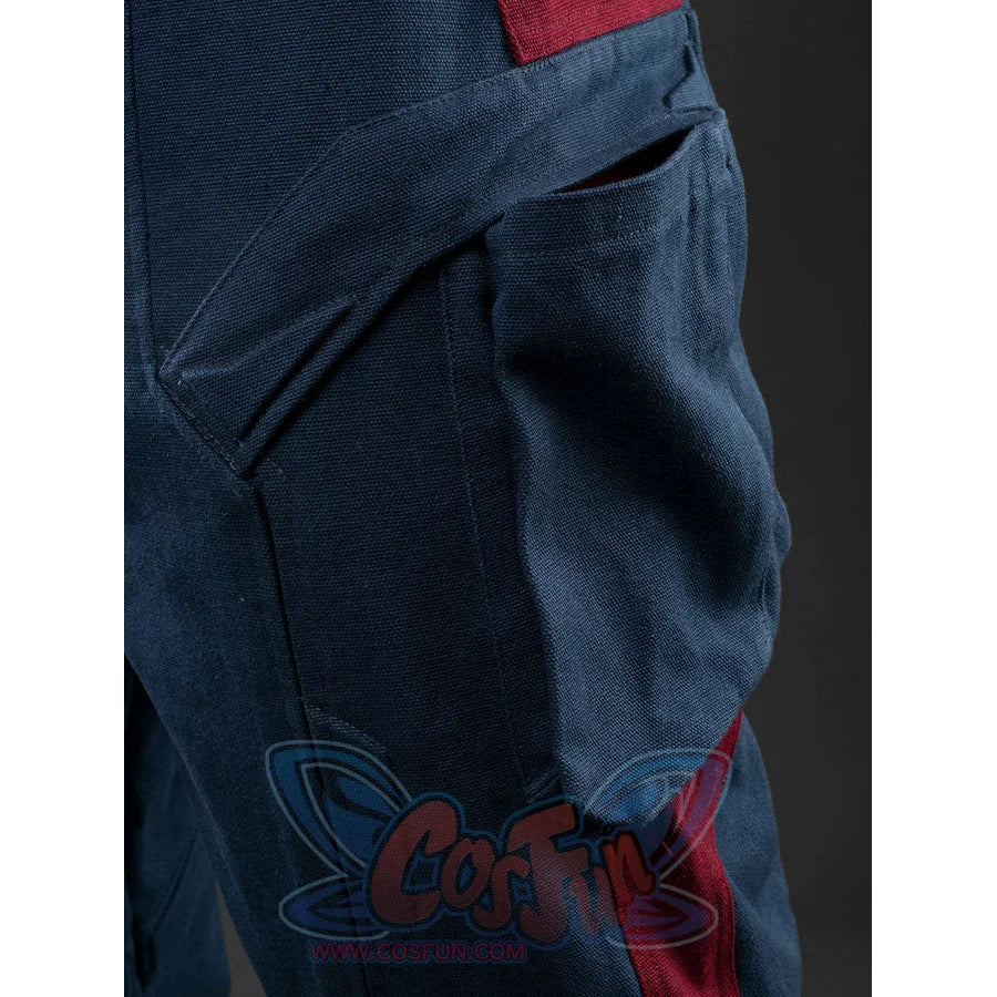 Steve Rogers cosplay bodysuit frames a rugged cotton denim cargo pocket that anchors against deep red textile accents.
