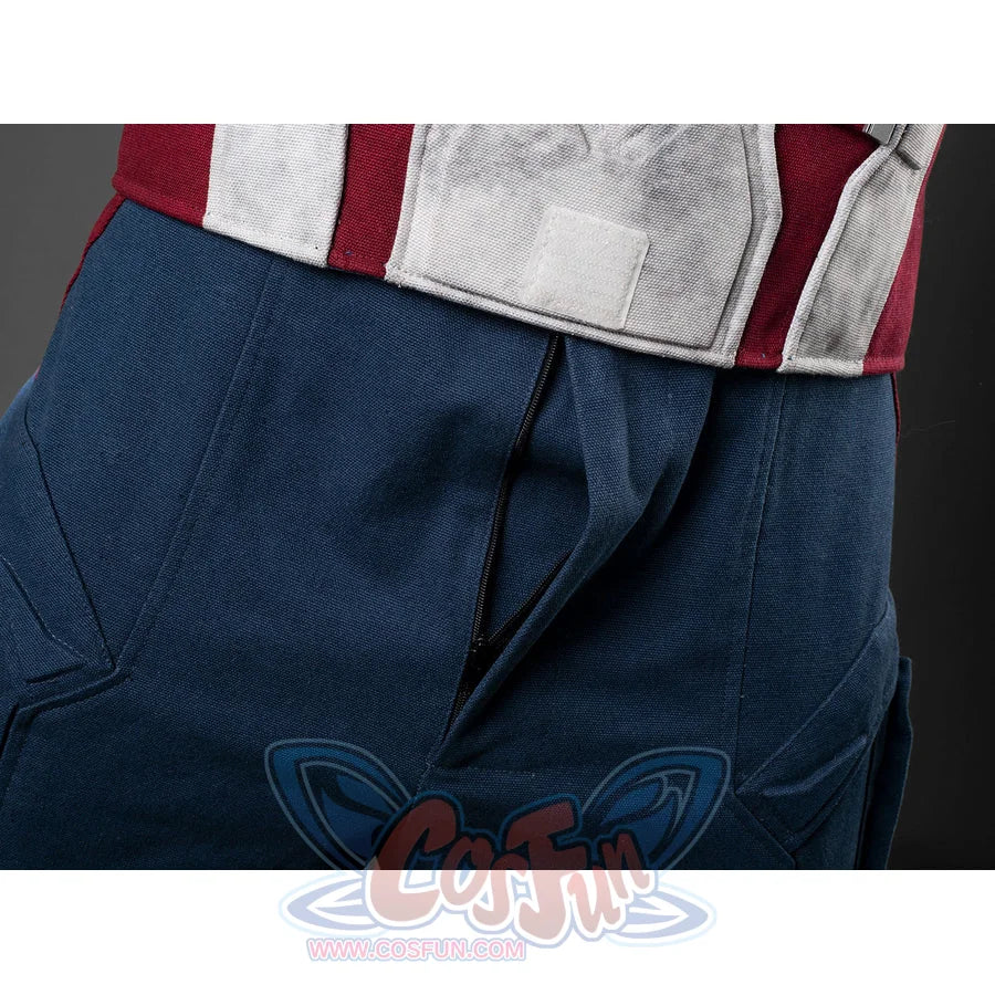 Steve Rogers cosplay bodysuit pants gather at the waist and frame a functional central zipper fly with denim fabric.