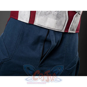 Steve Rogers cosplay bodysuit pants gather at the waist and frame a functional central zipper fly with denim fabric.