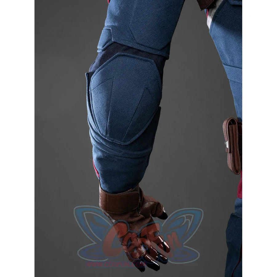 Steve Rogers cosplay centers blue padded elbow and brown faux leather fingerless glove.