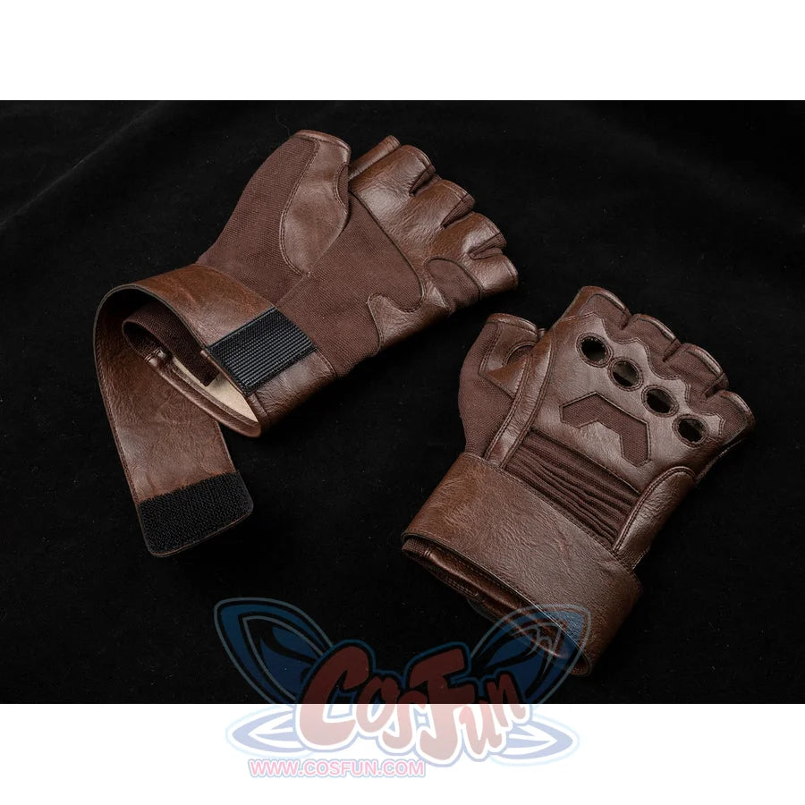 Steve Rogers cosplay fingerless gloves frame brown textured composite faux leather with tactical knuckle cutouts and velcro.