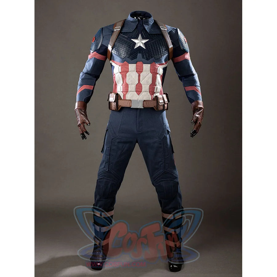 Steve Rogers cosplay costume front view centers the star chest plate and brown utility belt.