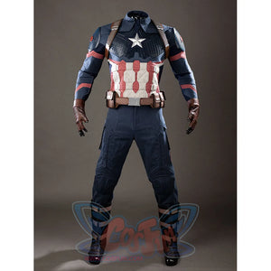 Steve Rogers cosplay costume front view centers the star chest plate and brown utility belt.