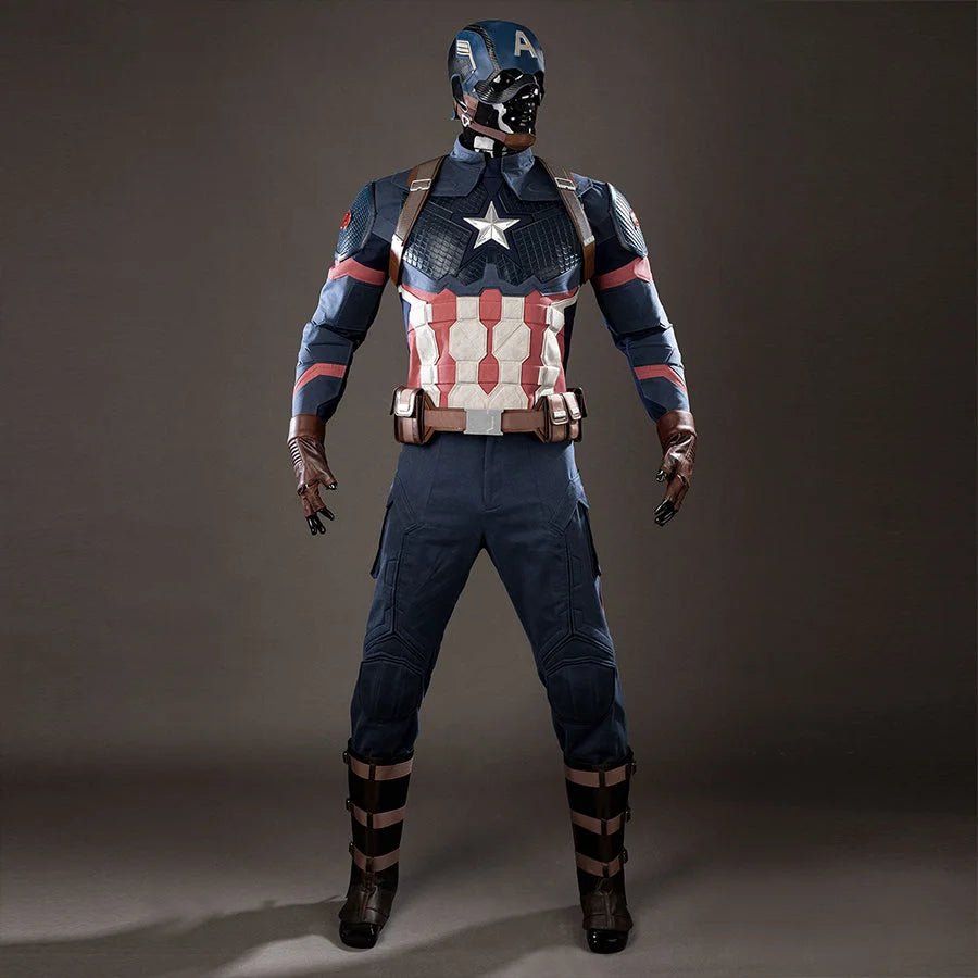 COSFUN Steve Rogers cosplay costume front view layers a navy armored vest over pants and brown straps.
