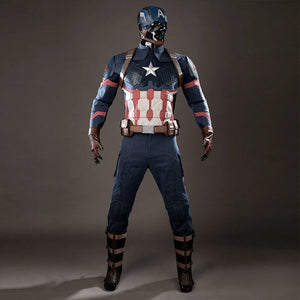 COSFUN Steve Rogers cosplay costume front view layers a navy armored vest over pants and brown straps.