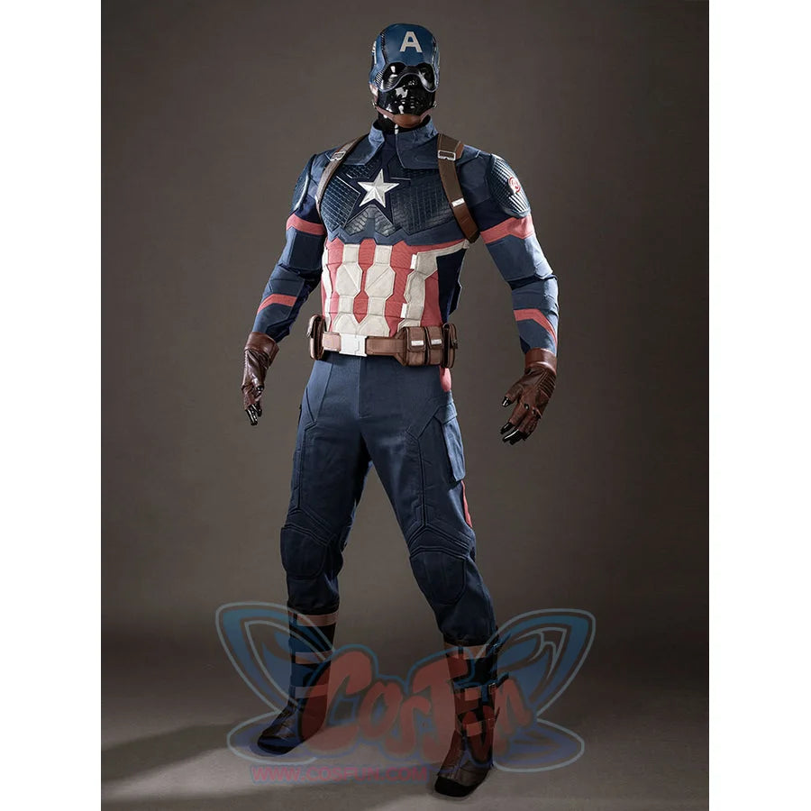 Steve Rogers cosplay costume front view sets the armored vest above blue pants and tall shoe covers.