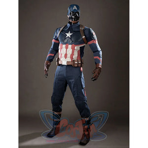 Steve Rogers cosplay costume front view sets the armored vest above blue pants and tall shoe covers.