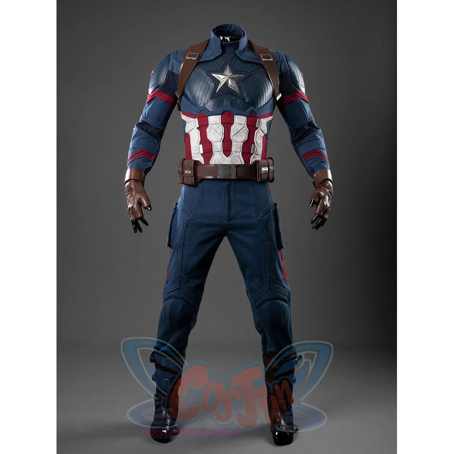 Steve Rogers cosplay jumpsuit incorporates a metallic star emblem while faux leather straps frame the torso and waist belt.