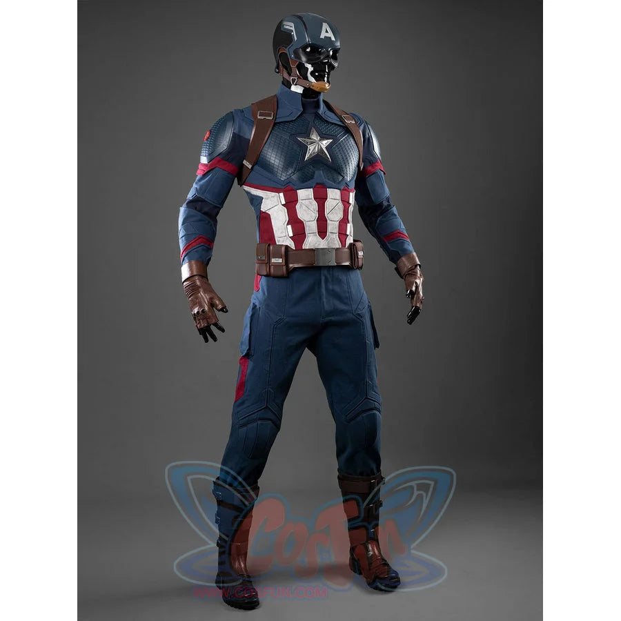 Steve Rogers cosplay suit layers a blue star chest piece with tactical utility belts and brown faux leather shoe covers.