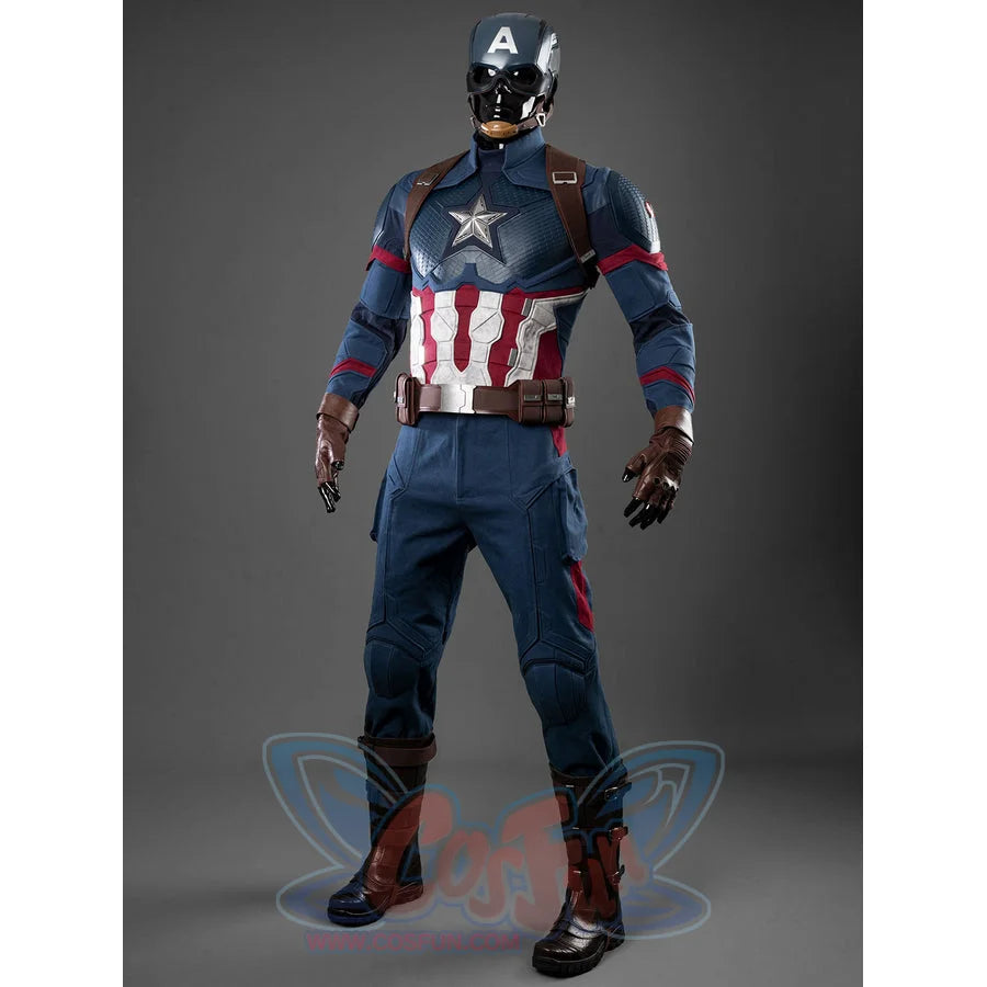 Steve Rogers cosplay blue bodysuit frames a star chest piece while brown harness straps anchor the tactical belt layers.