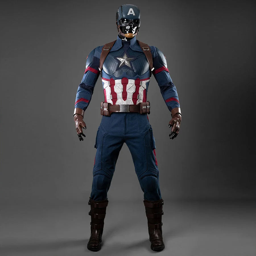 COSFUN Steve Rogers cosplay costume layers a textured blue bodysuit with an armored chest piece and brown utility belt.