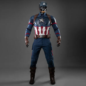 COSFUN Steve Rogers cosplay costume layers a textured blue bodysuit with an armored chest piece and brown utility belt.