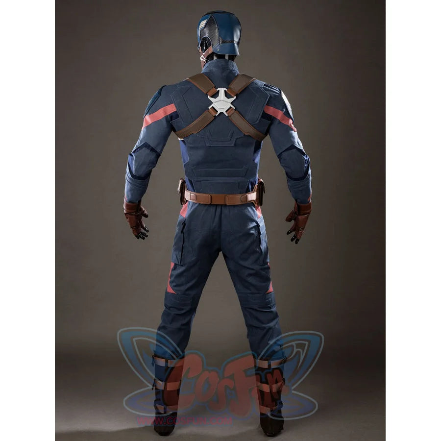 Steve Rogers cosplay costume back view crosses brown harness straps over the navy jacket.