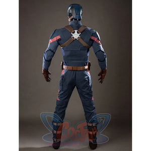 Steve Rogers cosplay costume back view crosses brown harness straps over the navy jacket.