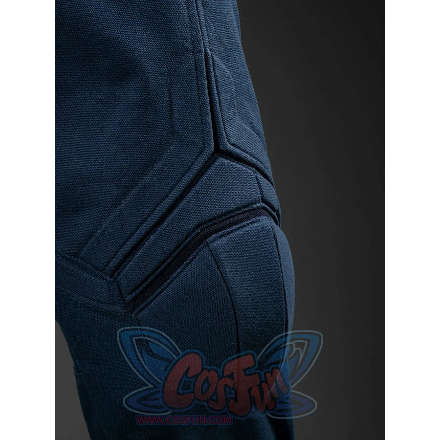 Steve Rogers cosplay bodysuit layers dark blue denim fabric into reinforced padded knee sections for added protection.