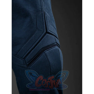 Steve Rogers cosplay bodysuit layers dark blue denim fabric into reinforced padded knee sections for added protection.