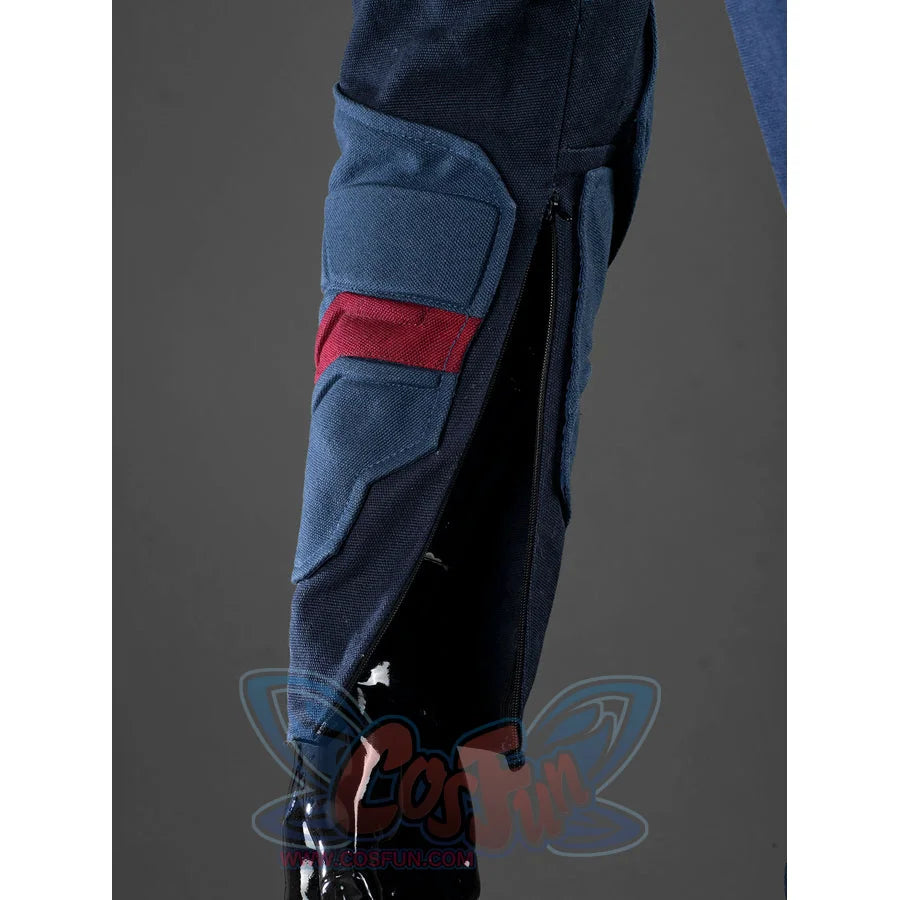Steve Rogers cosplay leg guard anchors a blue denim fabric with a side zipper and a reinforced red stripe along the shin.
