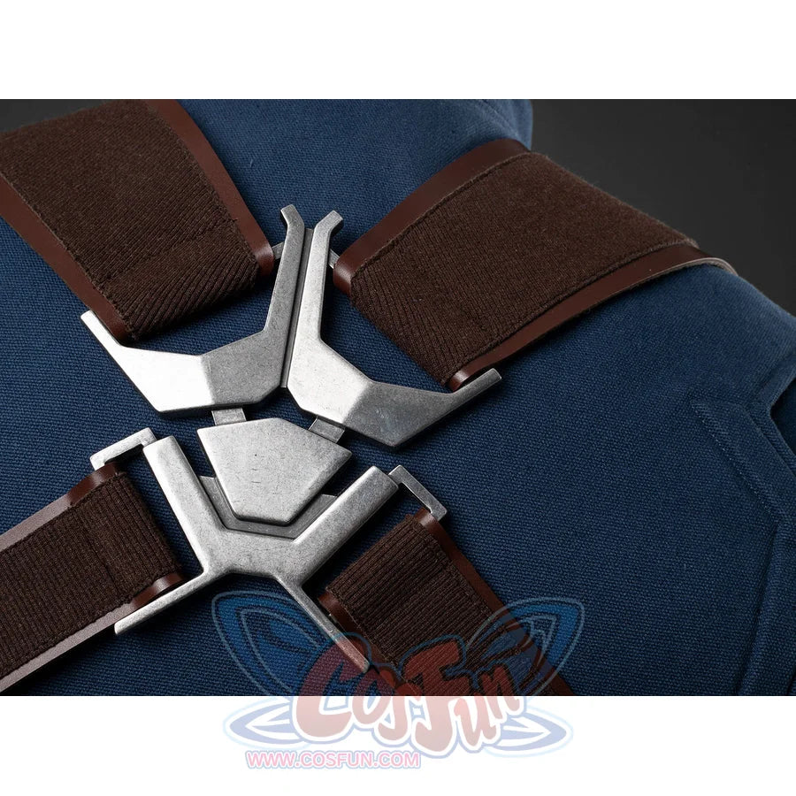 Steve Rogers cosplay centers blue denim bodysuit fabric with brown harness straps anchored by a metallic alloy chest plate.