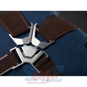 Steve Rogers cosplay centers blue denim bodysuit fabric with brown harness straps anchored by a metallic alloy chest plate.