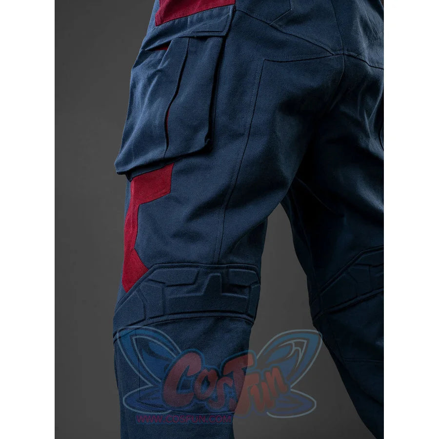 Steve Rogers cosplay pants set blue cotton denim fabric with reinforced knee padding and deep side utility pockets.