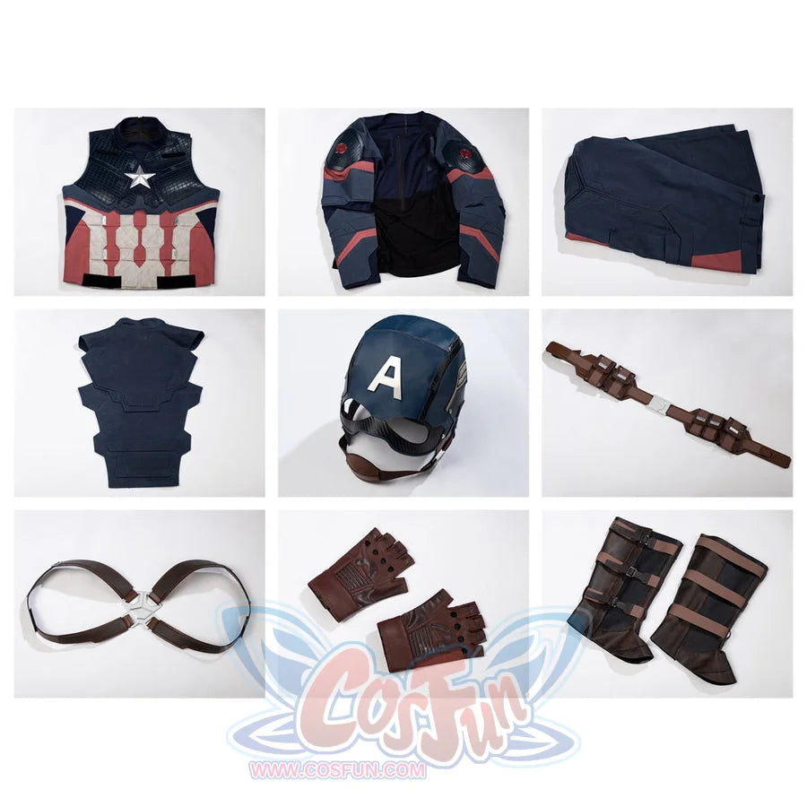 Steve Rogers cosplay costume set flat lay gathers vest pants helmet belt straps gloves and shoe covers.
