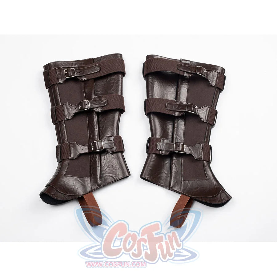 Steve Rogers cosplay centers brown composite faux leather shoe covers with multiple buckled straps and elastic stirrups.