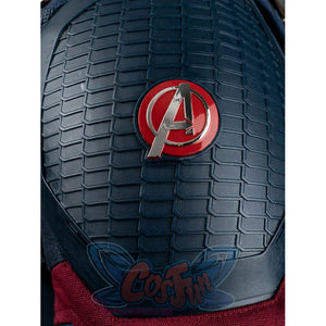 Steve Rogers cosplay centers blue textured shoulder armor piece with central red and silver-tone metal emblem.