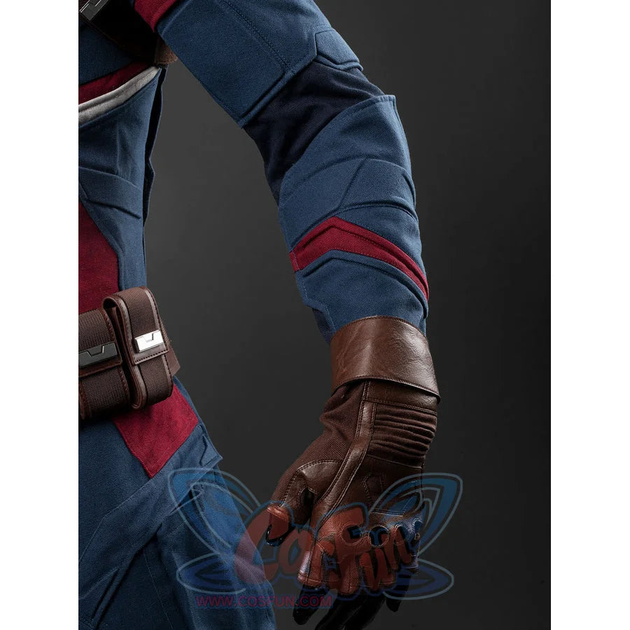 Steve Rogers cosplay bodysuit frames a blue textured sleeve that anchors brown fingerless tactical faux leather gloves.