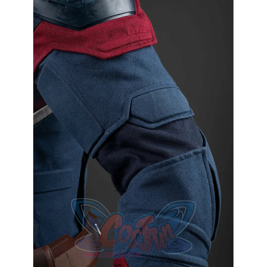 Steve Rogers cosplay sleeve layers textured blue cotton denim panels that curve around the elbow with red shoulder accents.