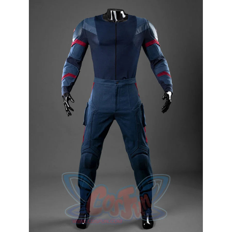 Steve Rogers cosplay bodysuit layers deep blue fabric with red accent stitching that traces along the sleeves and pant legs.