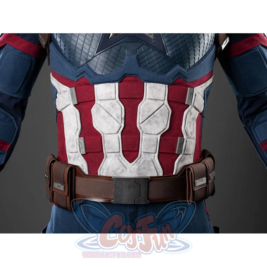 Steve Rogers cosplay suit centers on a textured torso armor plate that gathers beneath a utility belt with side pouches.