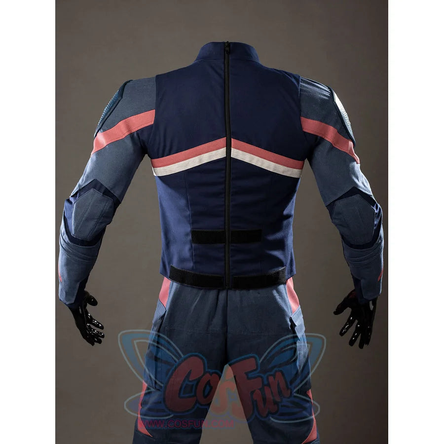 Steve Rogers cosplay costume torso back view zips navy panels between red sleeve bands.