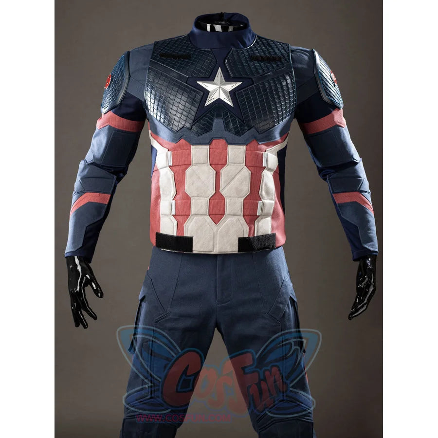 Steve Rogers cosplay costume torso front view sets the armored vest above blue pants cleanly.