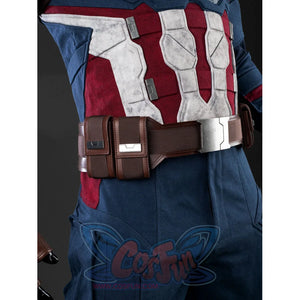 Steve Rogers cosplay bodysuit frames a rugged red chest panel while a sturdy brown utility belt anchors the waistline.