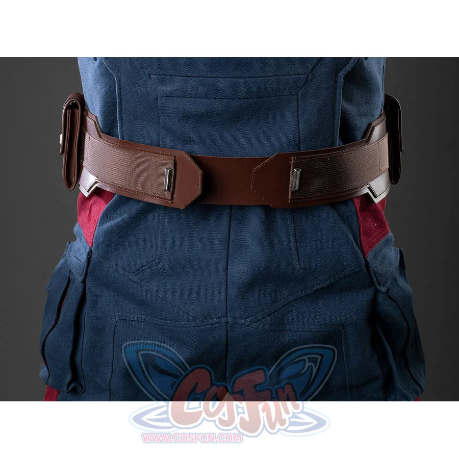 Steve Rogers cosplay suit anchors a sturdy utility belt around the waist to secure the deep blue denim fabric construction.