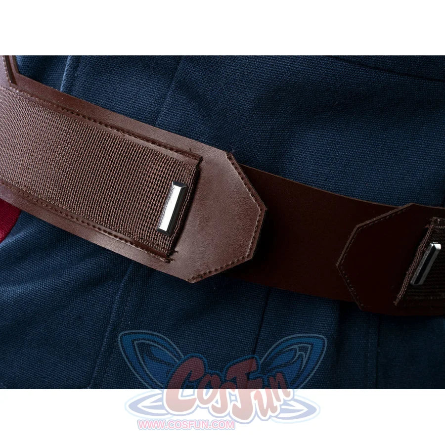 Steve Rogers cosplay utility belt with metal hardware anchors into the textured blue denim fabric of the costume bodice.