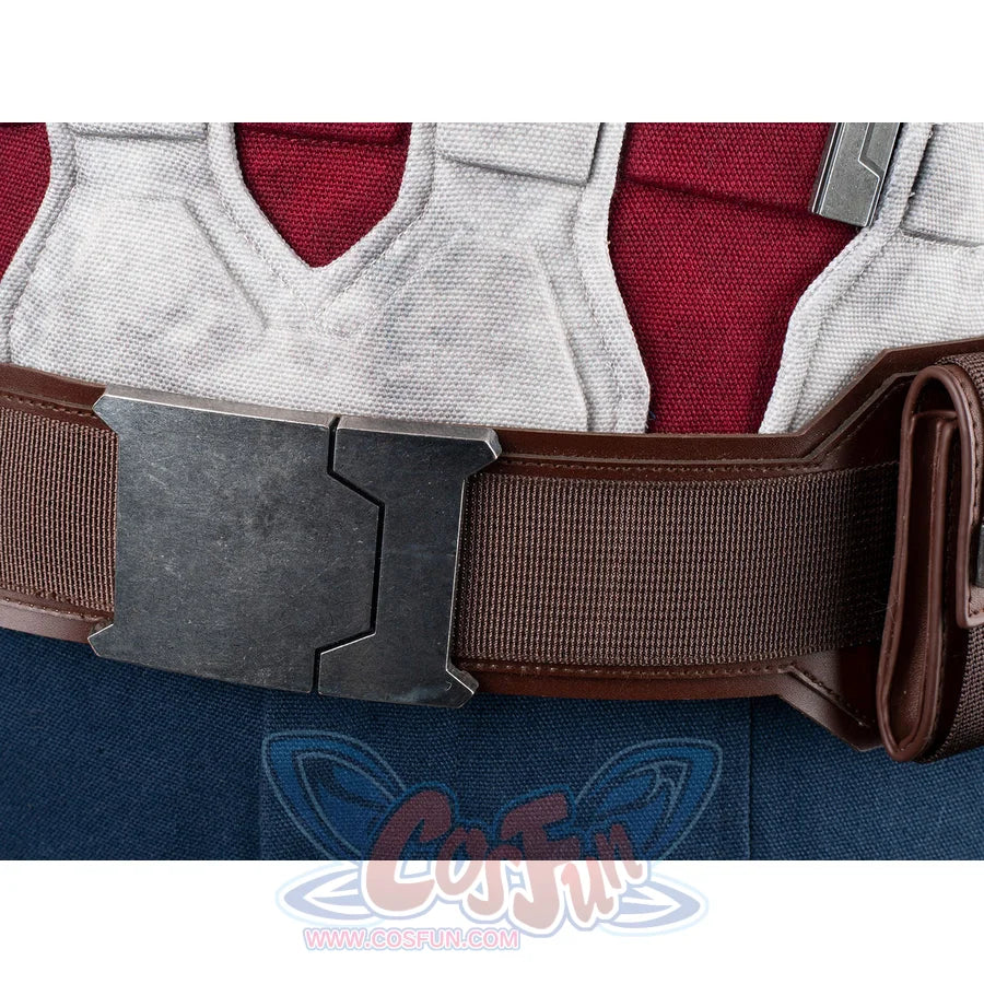 Steve Rogers cosplay bodysuit layers with a textured red vest and a sturdy brown utility belt pairing an alloy buckle.