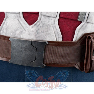Steve Rogers cosplay bodysuit layers with a textured red vest and a sturdy brown utility belt pairing an alloy buckle.