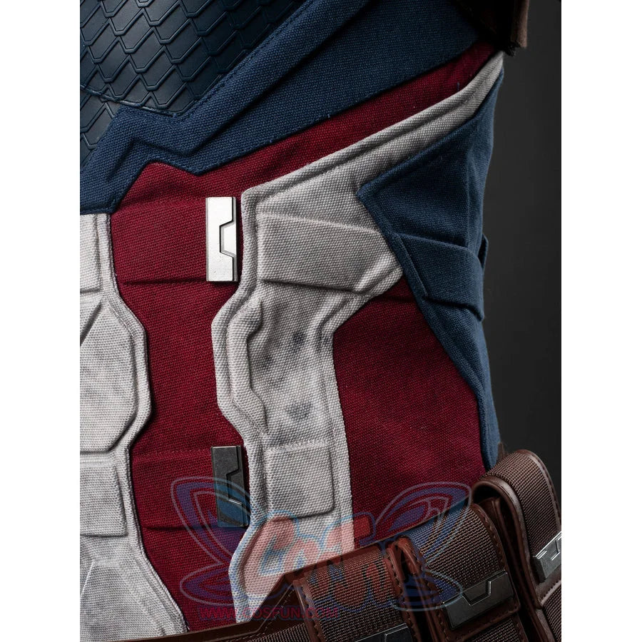 Steve Rogers cosplay vest layers cotton denim panels and alloy hardware that anchors the utility belt along the waist.
