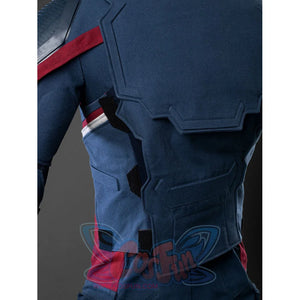 Steve Rogers cosplay vest layers blue denim fabric with red accents and secure black harness straps across the torso.