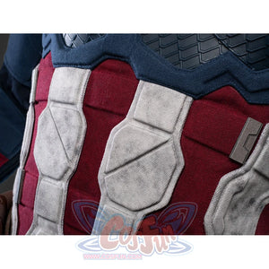 Steve Rogers cosplay vest layers red textured fabric with geometric padded sections and metallic alloy accent hardware.
