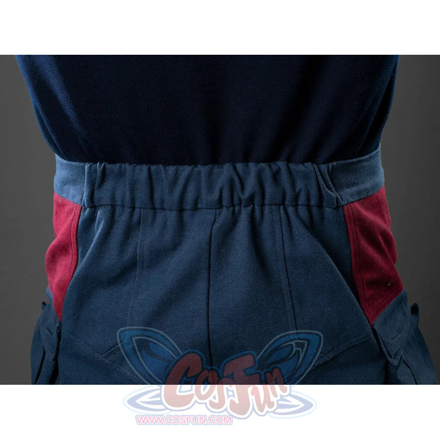 Steve Rogers cosplay gathered elastic waistline anchors the deep blue denim fabric with bold maroon side panel accents.