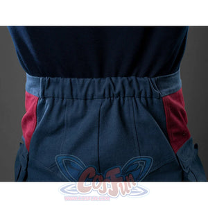 Steve Rogers cosplay gathered elastic waistline anchors the deep blue denim fabric with bold maroon side panel accents.