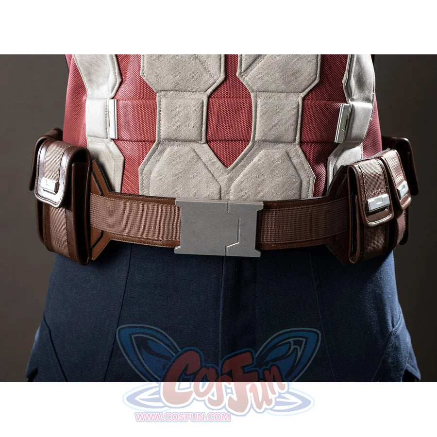 Steve Rogers cosplay belt detail lines brown utility pouches across red and cream torso panels.