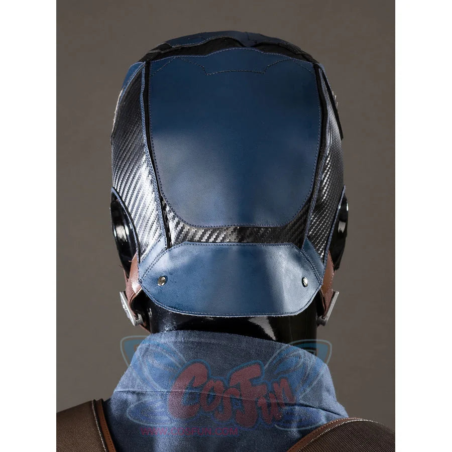 Steve Rogers cosplay helmet back detail curves blue panels between dark side sections.
