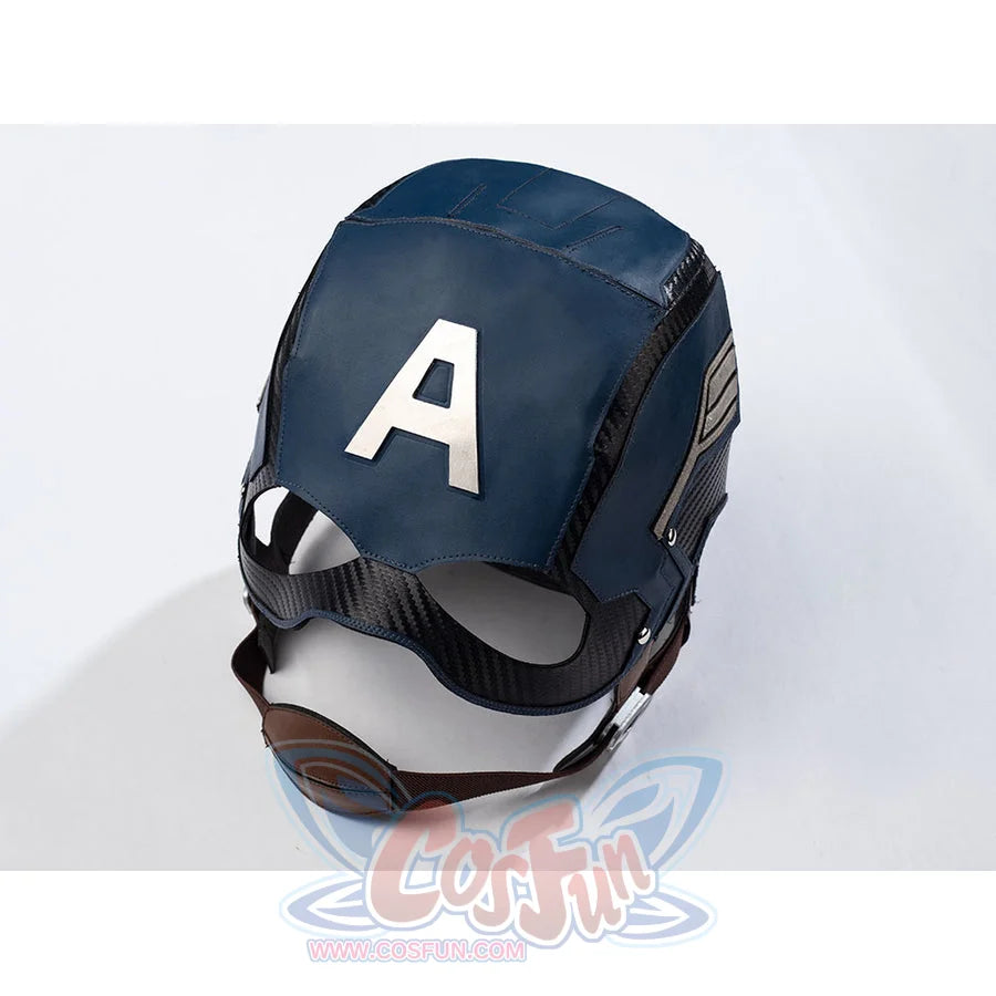 Steve Rogers cosplay helmet flat lay angles blue panels around the front face opening.
